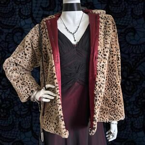 Vintage 60s faux cheetah print hooded swing coat with blood red satin lining